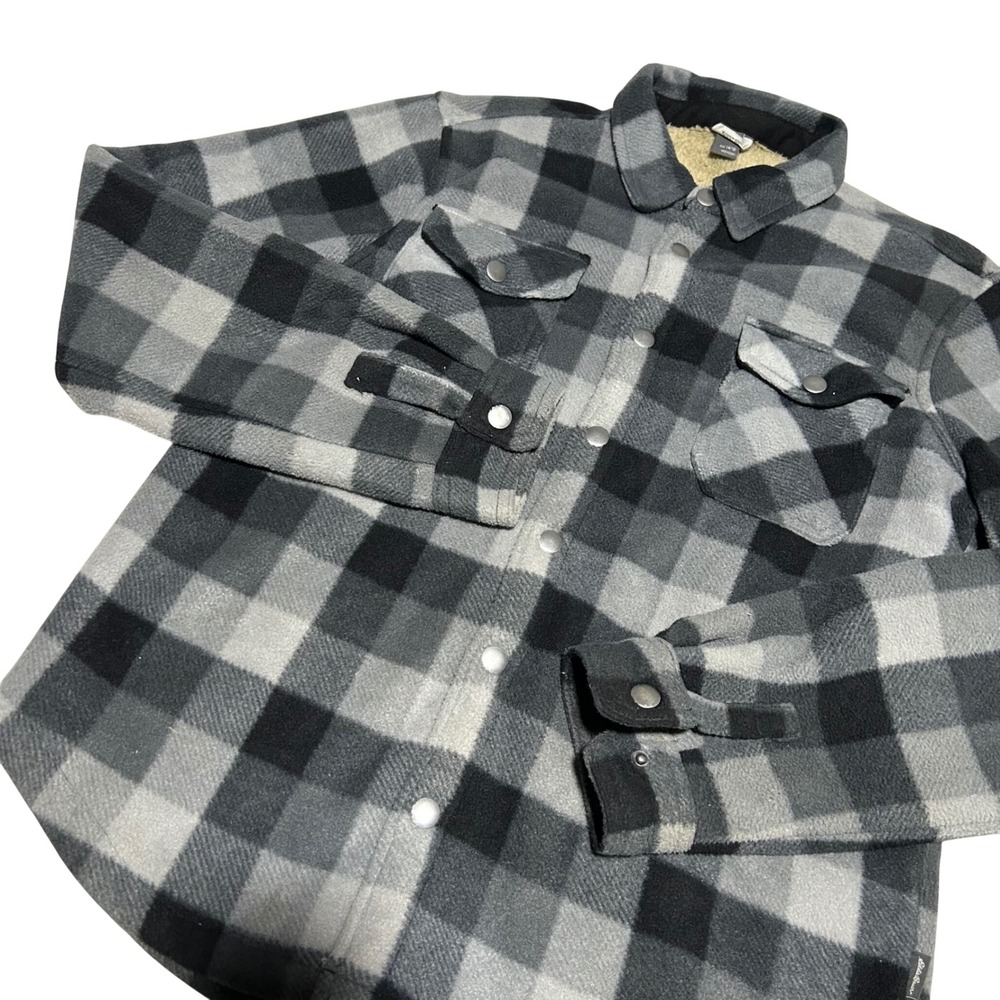 Eddie Bauer Shacket Kids 14/16 Grey Black Buffalo Plaid Fleece Sherpa Lined